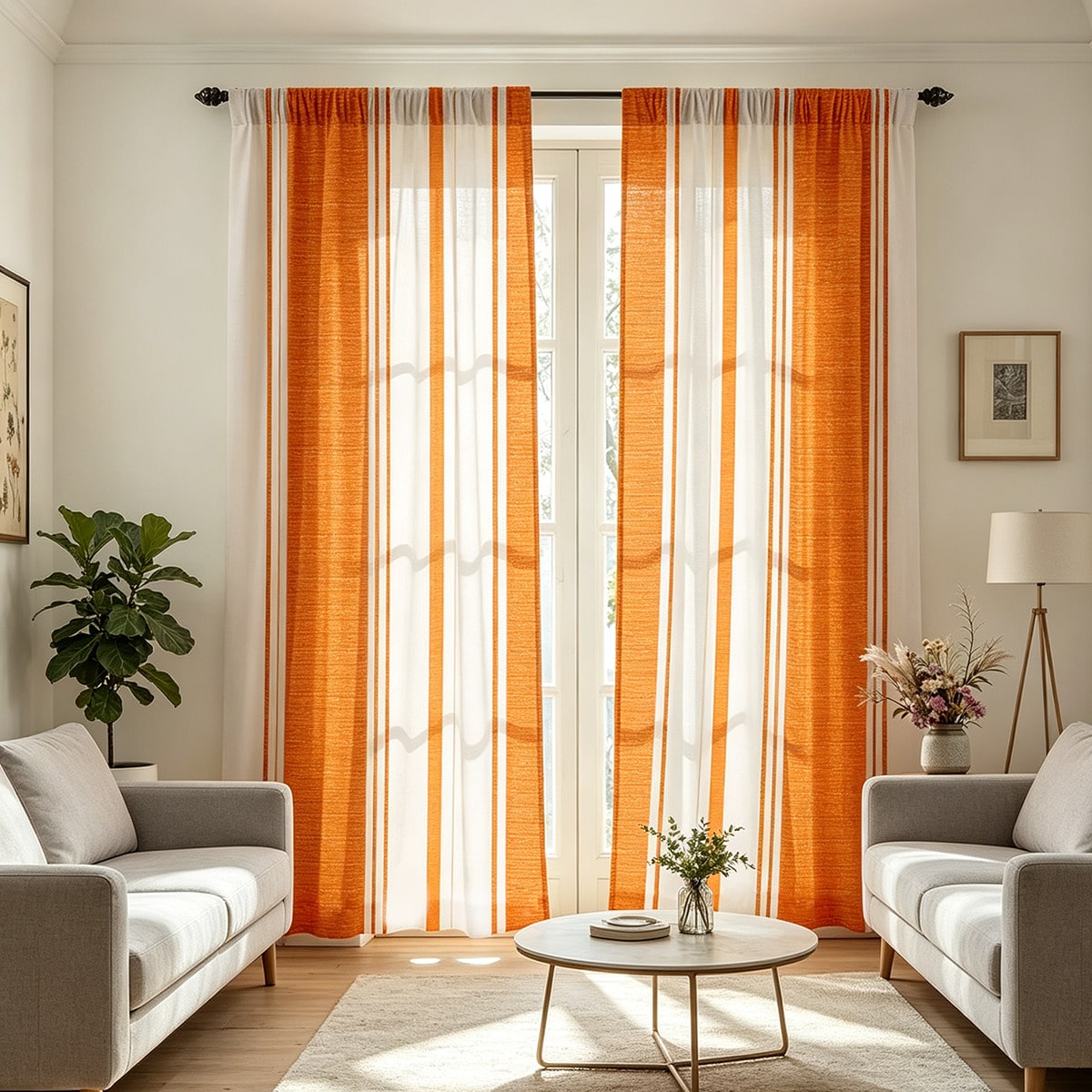 1/2/3pcs Green, Blue, Orange And Beige Vertical Stripe Print Farmhouse Style Plain Print Curtains, Rod Pocket, 0%-40% Blackout, Unlined, Kitchen Curtains, Kitchen 3 PiecesCurtain Set, Door Curtain, Floral Curtain, Curtain, Printed Curtain, Bedroom Curtain, Accessories Not Included
