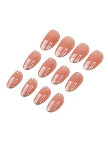 24Pcs Medium Oval Press On Nails Set, Classic Gold Glitter French Tips, Simple Solid Nude Glossy False Nails With Sparkling Rhinestone Decorations, Elegant Versatile Wearable Nails For Daily Wear & Commute - Follow Your Heart - 查看 6