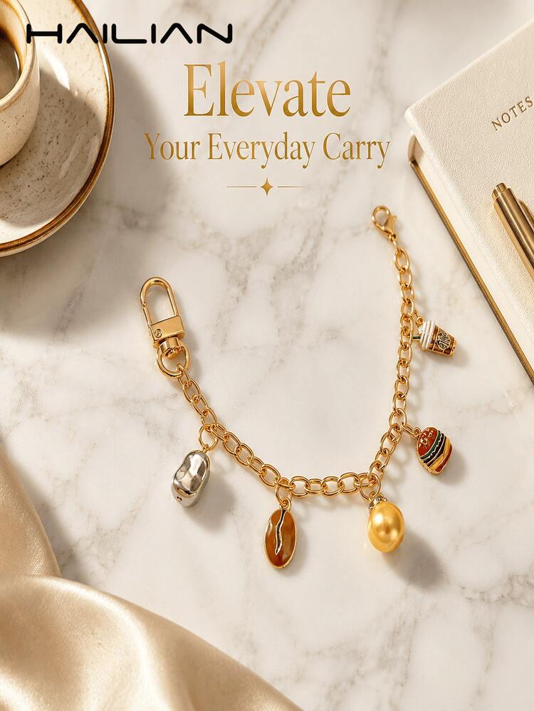 Cute Mini Food Theme Bag Chain Charm, Coffee Bean Hamburger Milk Tea Cup Pendant Keychain, Gold Alloy Lobster Clasp Handbag Strap Decorative Accessory - Gold - View 5