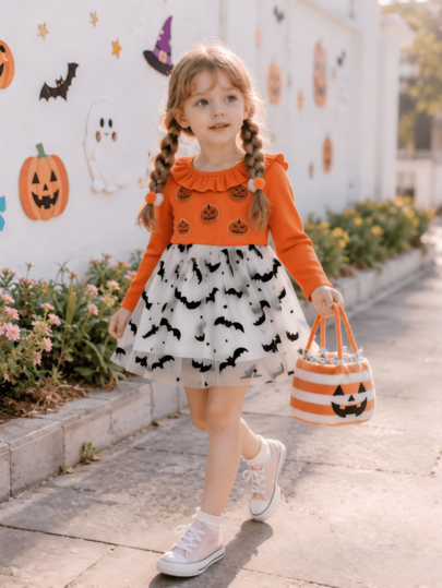 Baby Girl Halloween Autumn New Pumpkin 3D Patch Ghost Face Ribbed Bat Print Long Sleeve Orange Ruffle Mesh Dress, Holiday Atmosphere Princess Dress, Casual Fashion Festival Outdoor Daily Vacation Party Versatile