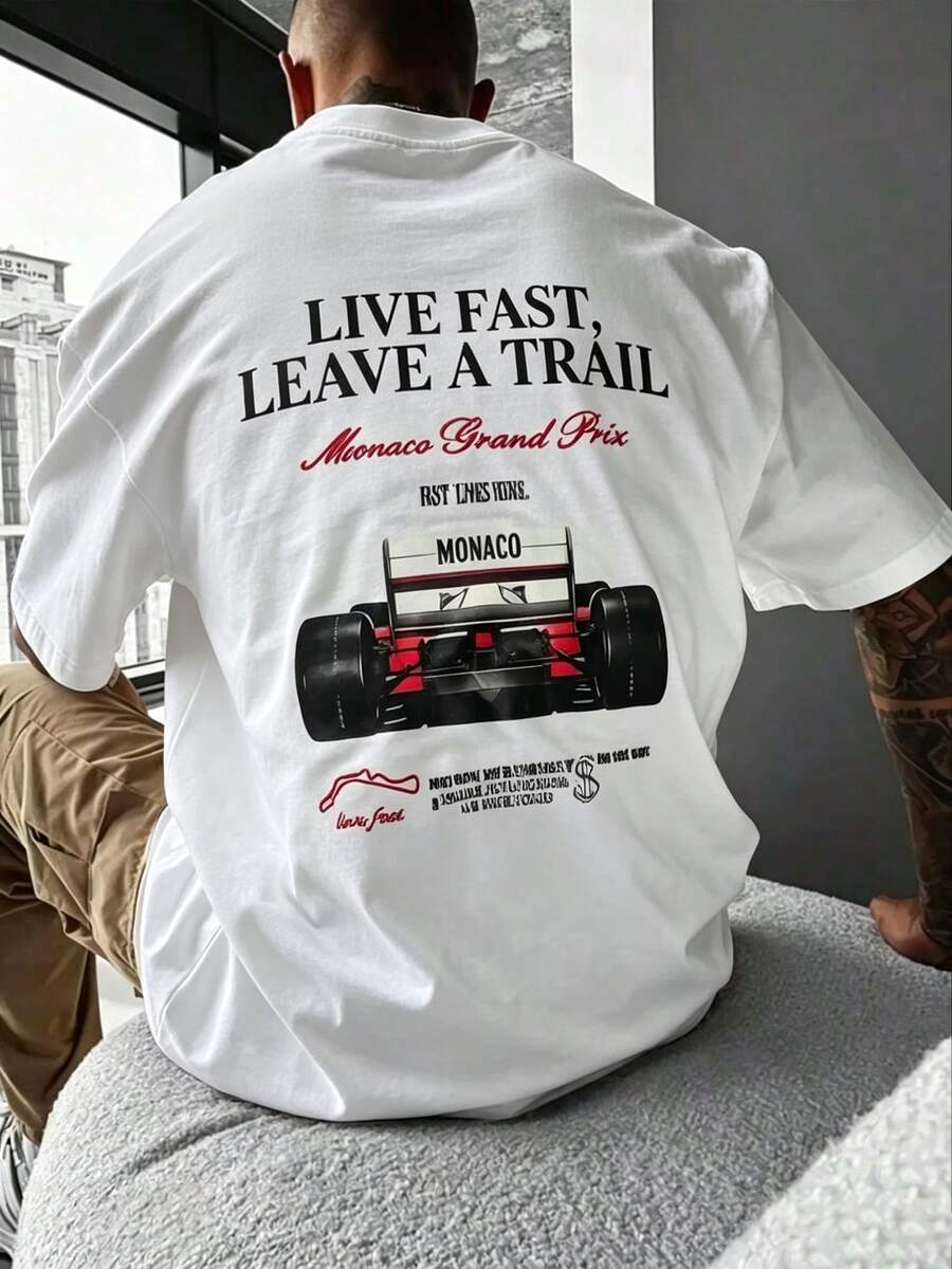 Camiseta Fractyr para hombres con patrón de doble cara, cuello redondo holgado, impresión digital, letras de eslogan, patrón de carreras, impresión delantera y trasera, motocicleta S - Blanco - Ver 1