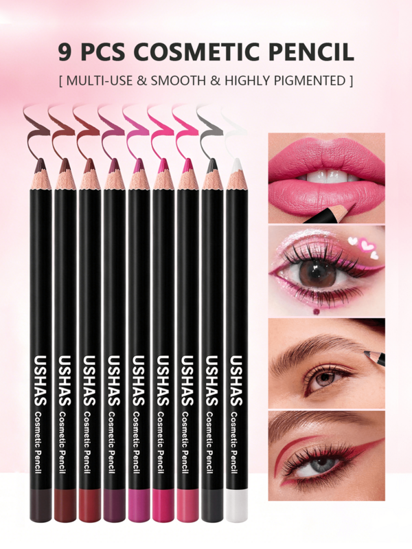 USHAS 9 Colors Multi-Use Lip Liner Pencil Set, Dual Function Lip & Eye Makeup Pen, Waterproof Long Lasting Creamy Lip Liner, Can Be Used As Eyeliner, High Pigmented Smooth Glide Non Fade Makeup Pencils, Gift For Women Daily Dating Party