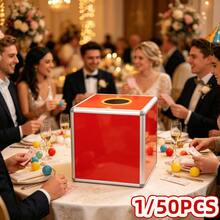 1/50pcs Red Raffle Box Set, Includes Balls And Sticky Notes, Aluminum Frame Lucky Draw Box, Suitable For Annual Party, Store Promotion, Birthday Party, Salon, Community Event - All Red - View 2