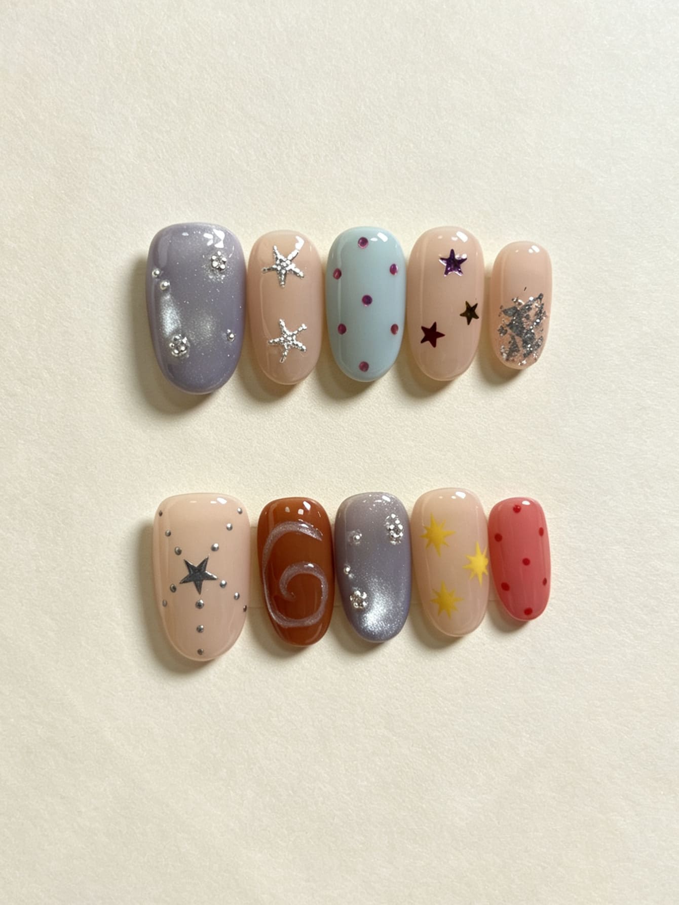10Pcs Handmade Press On Nails Short Oval, Multicolor False Nails With Star Print, Polka Dot & Swirl Accents, Reusable Glossy Fake Nails For Women - Multicolor - View 1