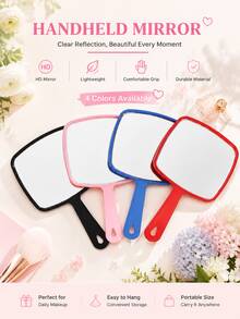 1pc Handheld Mirror With Handle, Designed For Hair Salon, Square Black Portable Mirror, Bathroom Shaving Mirror, Hangable, Multiple Colors Available, Home Decor Mirror, Student Dorm Portable Makeup Mirror - Multicolor - View 1