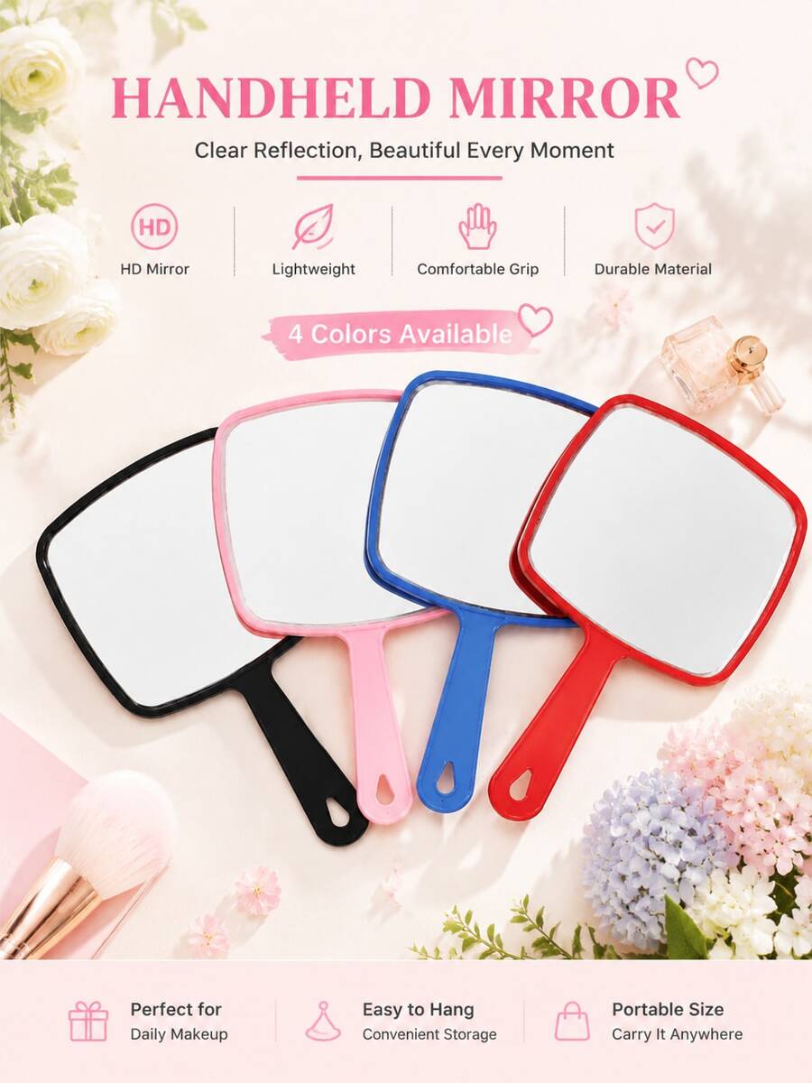 1pc Handheld Mirror With Handle, Designed For Hair Salon, Square Black Portable Mirror, Bathroom Shaving Mirror, Hangable, Multiple Colors Available, Home Decor Mirror, Student Dorm Portable Makeup Mirror - Multicolor - View 1