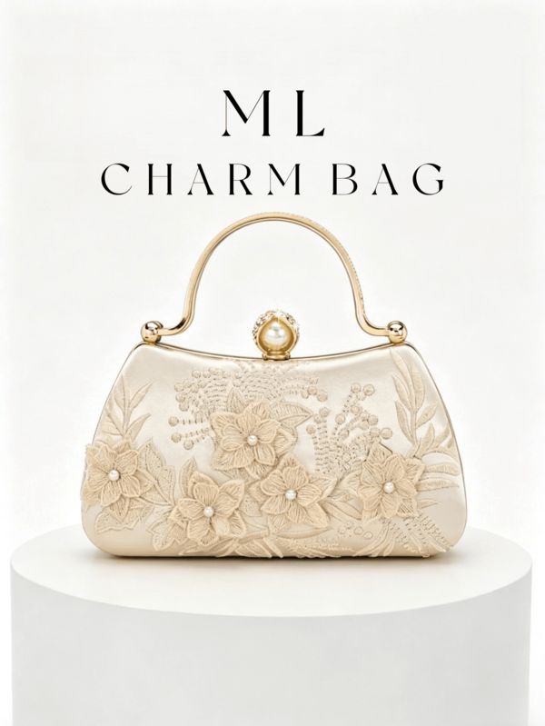 1pc Women's Apricot Satin Evening Clutch, 3D Lace Floral Embroidery With Pearl Accents, Curved Metal Top Handle, Sparkling Rhinestone-Encrusted Pearl Clasp Lock, Hard Shell Metal Frame Handbag With Detachable Gold Chain Shoulder Strap, Suitable For Wedding, Wedding Banquet, Ball, Party And Other Romantic Formal Occasions