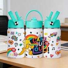 1pc 12oz Portable Leak-Proof Drop-Resistant With Handle Ring 304 Stainless Steel Straw Insulated Tumbler, Energetic Cute American Graffiti Style White Background Rainbow Heart Care Bears Full Print Pattern, Cylindrical Flip Lid Travel Cup, Long-Lasting Cold And Hot Retention, Car And Desk Water Cup, Student School Commute Birthday Valentine's Day Christmas Gift - Multicolor - View 16