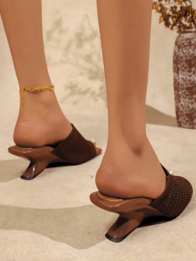 Breathable Woven Knit Slide Sandals With Soft Cushion And Asymmetric Wedge Heel, Versatile High Heel Sandals For Women, Suitable For Travel, Daily Wear And Shopping