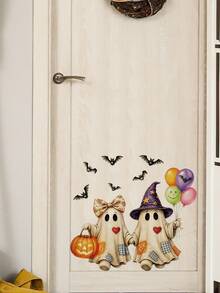 mama look 1pc, 30*40cm, Halloween Wall Sticker, Scary Ghost Holding Balloon And Pumpkin, Surrounded By Flying Bats, Creating Festive Atmosphere, PVC Self-Adhesive Removable, Suitable For Room Door Decoration, Home Wall Decor, Etc. - 1PC - View 2