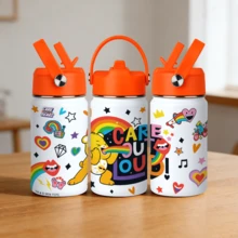 1pc 12oz Portable Leak-Proof Drop-Resistant With Handle Ring 304 Stainless Steel Straw Insulated Tumbler, Energetic Cute American Graffiti Style White Background Rainbow Heart Care Bears Full Print Pattern, Cylindrical Flip Lid Travel Cup, Long-Lasting Cold And Hot Retention, Car And Desk Water Cup, Student School Commute Birthday Valentine's Day Christmas Gift - Multicolor - View 14