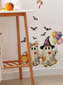 mama look 1pc, 30*40cm, Halloween Wall Sticker, Scary Ghost Holding Balloon And Pumpkin, Surrounded By Flying Bats, Creating Festive Atmosphere, PVC Self-Adhesive Removable, Suitable For Room Door Decoration, Home Wall Decor, Etc. - 1PC - View 4