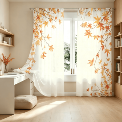 2pcs Orange-Yellow Gradient Draped Maple Leaf Sheer Curtains, Autumn Natural Style Rod Pocket Sheer Curtains, 2D Flat Print, Translucent, No Lining, Suitable For Bedroom Living Room Balcony Study Dining Room, Sheer Curtains Only, Accessories Not Included
