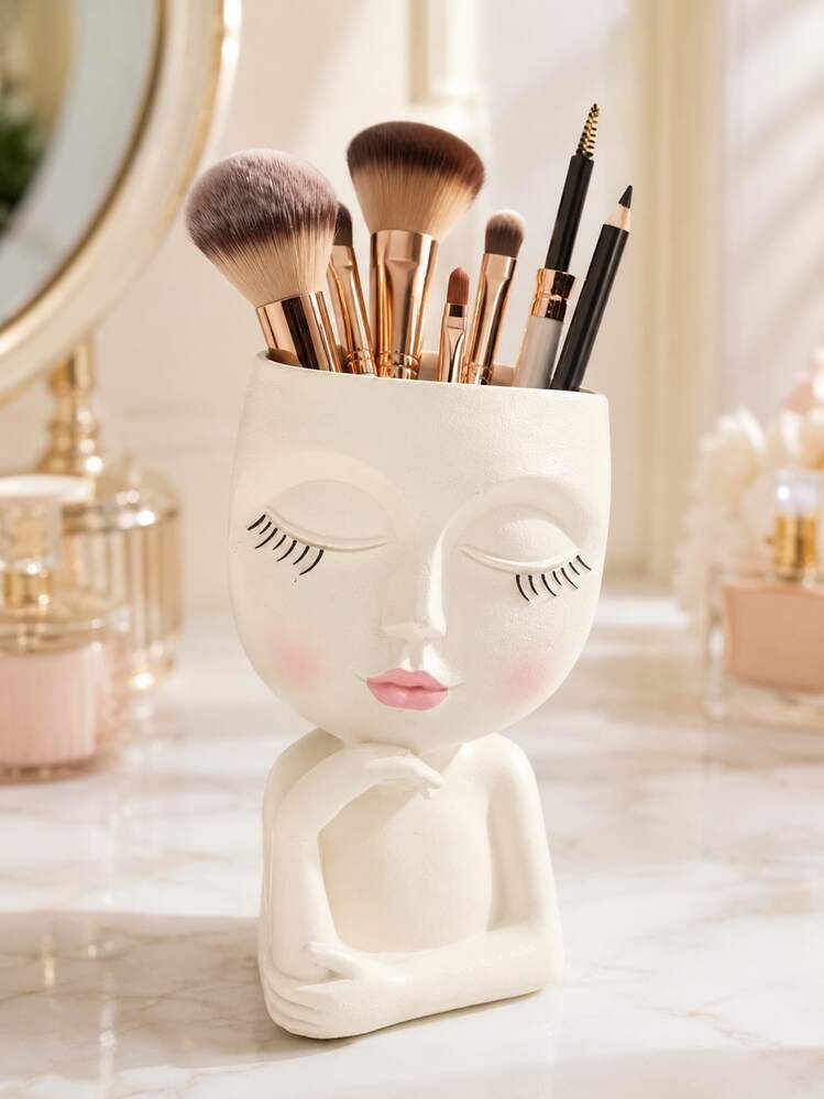 Cute Face Makeup Brush Holder, Resin Cosmetic Storage Box, Vanity Decor, Desktop Pen Holder, Bathroom Countertop Organizer, Vanity Accessories, Beauty Tool Rack, Makeup Lover Gift, Bedroom Shelf Decor, Home Decor - B - View 7