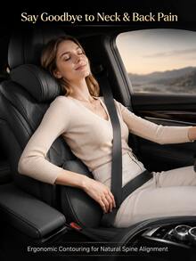 Luxury Nappa Leather Car Neck Pillow And Seat Cushion, Breathable Car Headrest Lumbar Support Pad, Exquisite Embroidered Design, Memory Foam Ergonomic Support, With Breathable Perforated Design, All-Season Car Interior Decor Accessories - A - View 3