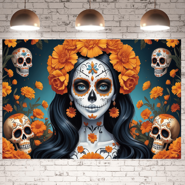 1 pièce Toile de fond Jour des Morts avec un design de souci orange et de crâne peint; convient pour les fêtes à thème, les décorations d'anniversaire, Halloween, les événements de style vintage, la décoration festive et la photographie à thème Jour des Morts.