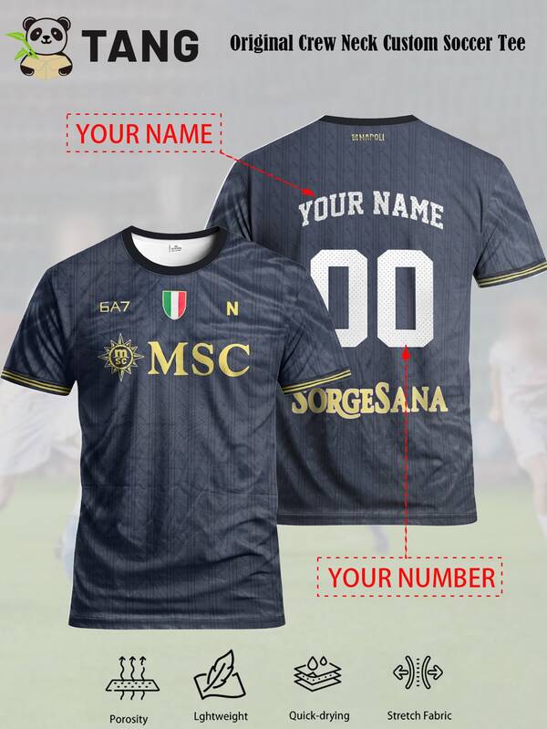 Men's Football Jersey, Naples Style, Personalized Name & Number, Round Neck Football Sports Top, & Personalized Football Shirt Black Summer