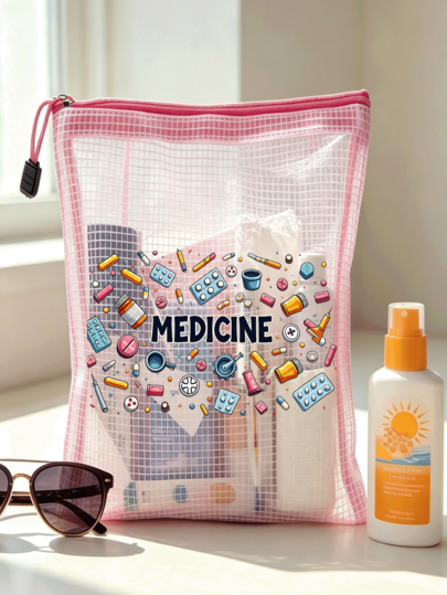 New Waterproof PVC Pink Medicine Bag, Cartoon Pattern Medical Supplies A4 Size, Perfect For Travel, Camping, Home Storage, Short Trips - Lightweight And Portable, Family-Friendly Storage Bag, Emergency Medicine Pouch, Travel Essential, Home Must-Have, Travel Organizer Bag