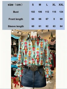 Women's Festive Nutcracker Print Blouse - Holiday Light Blue Long Sleeve Top With Ruffled Cuffs - Chic Christmas Party Button-Up Shirt - Seasonal Gift - 薄荷藍 - 查看 4