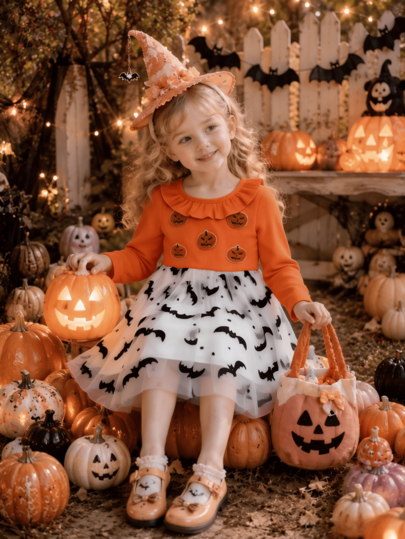 Baby Girl Halloween Autumn New Pumpkin 3D Patch Ghost Face Ribbed Bat Print Long Sleeve Orange Ruffle Mesh Dress, Holiday Atmosphere Princess Dress, Casual Fashion Festival Outdoor Daily Vacation Party Versatile