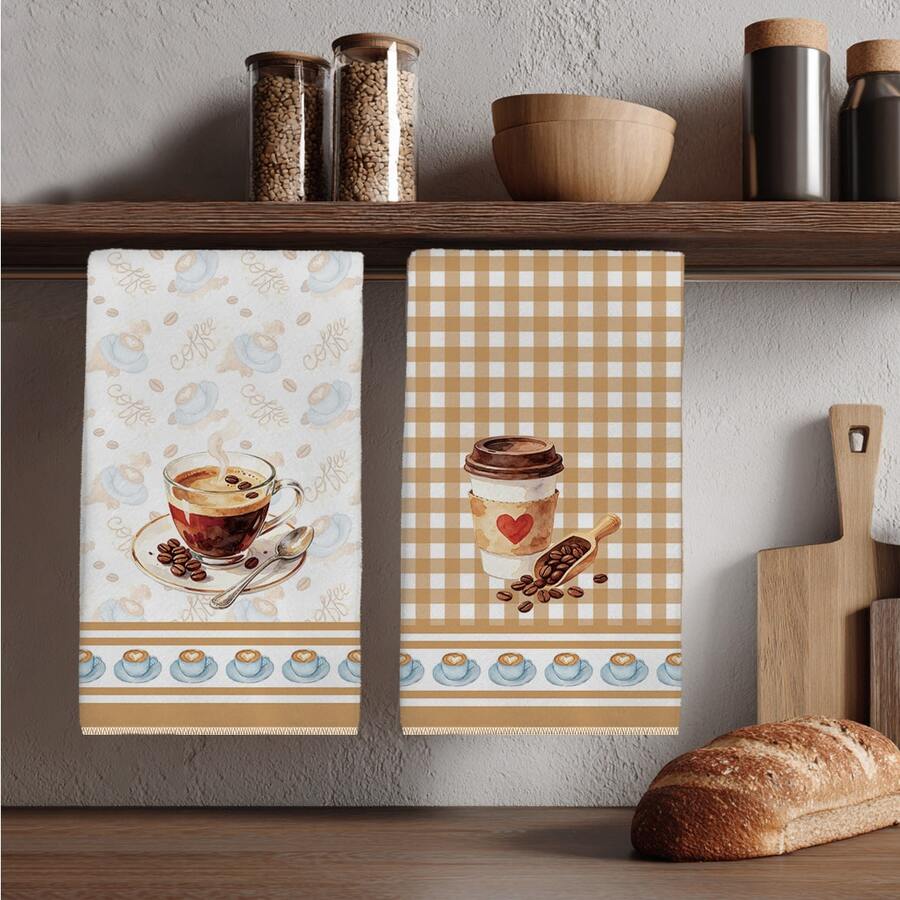 2pcs Minimalist Plaid Coffee Theme Kitchen Towels, 40*60cm Soft Microfiber Tea Towels, Suitable For Home Kitchen Restaurant Outdoor Camping Tabletop Cleaning Dish Cloth Hand Towel Accessories, Holiday Gift - Multicolor - View 1