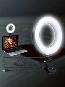 可調光 LED 環形燈附夾子，3 種色溫模式（暖光/冷光/自然光），USB 供電，適用於筆記型電腦、螢幕、視訊會議、自拍、Vlog、化妝、直播及其他室內照明，塑膠燈罩 - 黑色 - 查看 1
