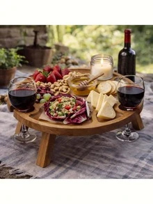 1pc Multi-Functional Round Solid Wood Folding Tray, Perfect For Outdoor Activities, Picnic, Camping, Beach BBQ And Party - Includes Snack Table, Lightweight And Portable, Ideal For Holiday Christmas Party Outdoor - Multicolor - View 5