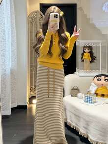Y6Y 2026 Korean Style Gorgeous Yellow Women's Early Autumn Unique Bright Color Striped Knit Top - Yellow - View 5