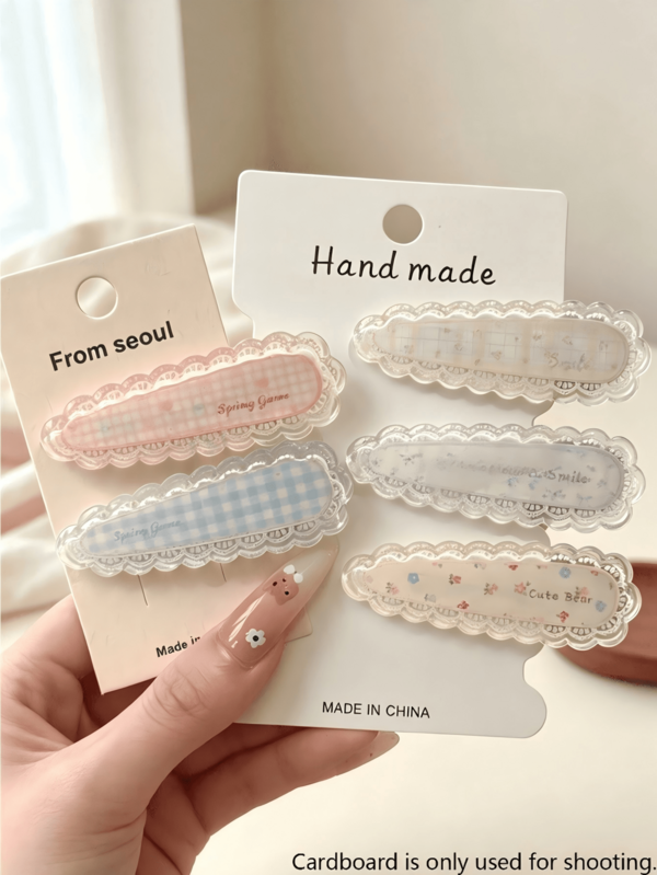 5pcs Korean Style Lace Alligator Hair Clips, Vintage Oval Hair Clips, Suitable For Bangs And Side Hair