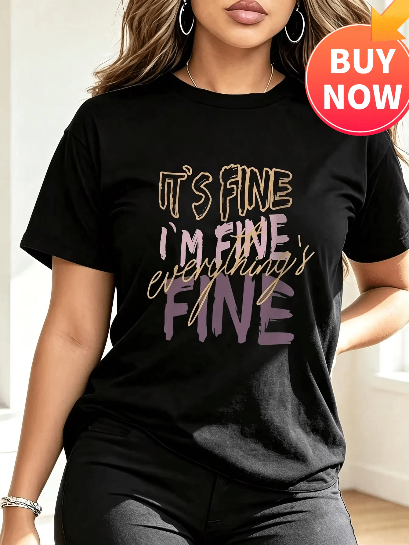 Summer T-Shirts Women It's Fine Quote Print Short Sleeve Tee Unisex - Black - View 1