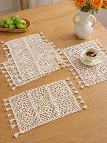 Bubaba 1pc Beige Crochet Placemat, Bohemian Minimalist Handmade Hollow Crochet Beige Tassel Home Decor Coaster, Suitable For Wedding, Daily Dining Table, Furniture, Home Appliances Dust Cover, Party, Kitchen, Round Tablecloth, All Seasons - Beige - View 3