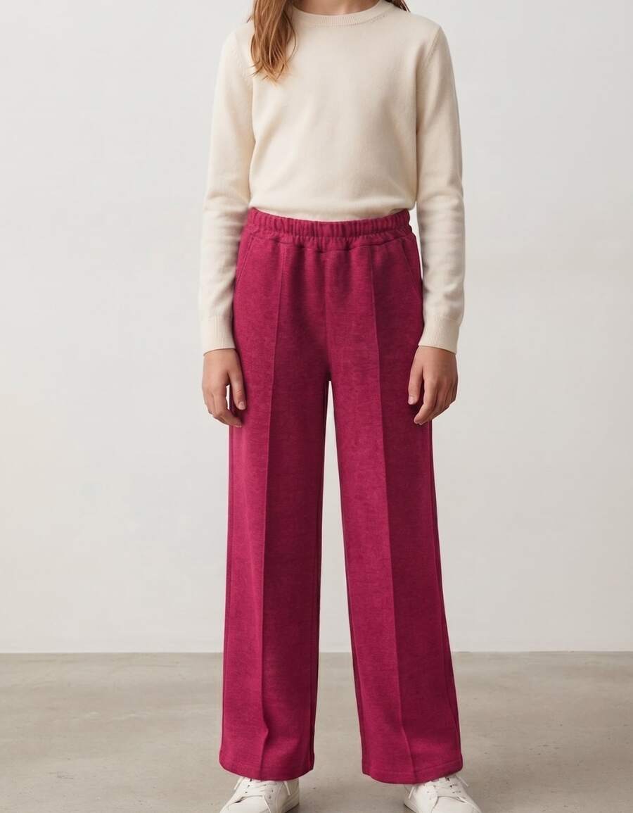 Calça Pantalona Wide Leg em Lã com Cintura de Elástico e Caimento Solto - Pink - Visão 1