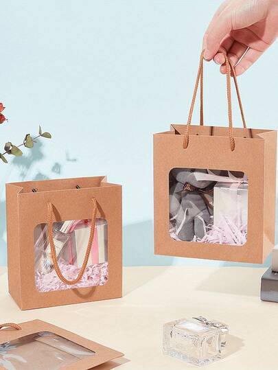 1/5/10pcs Kraft Paper Gift Bags With PVC Transparent Window And Handle, Gift Packaging Bags, Party Favors, Jewelry Making Display, Packaging Supplies, Perfect For Birthday, Wedding Party, Florist Bouquet, Anniversary, Wedding Gift, Father's Day