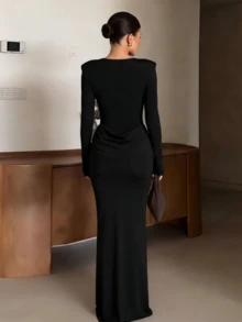 Elegant Black Long Sleeve Round Neck Pleated Satin Dress - Black - View 6