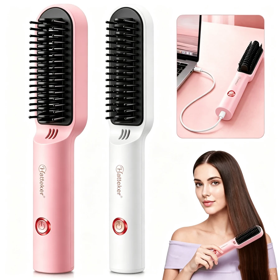 Hatteker 1pc USB Rechargeable Straightening & Curling Iron, Portable Wireless Hair Straightener & Curler, Multi-Function Hair Styling Tool