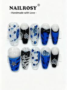 nailrosy 10 Pairs Handmade Press-On Short Coffin Nails | Deep Green & Gold 3D Butterfly Decor Gothic Luxury Reusable Party Nails For Girls Evening Wear With Gift Box - Multicolor - View 1