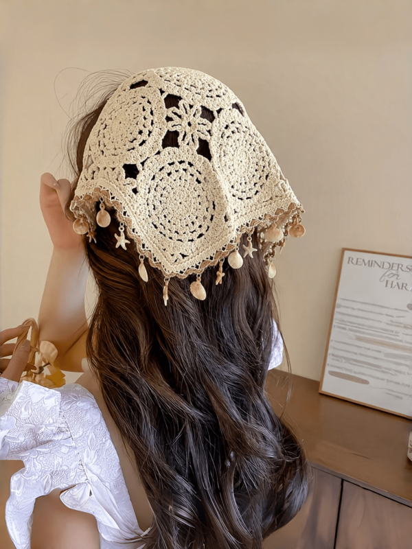 1pc Autumn/Winter Maillard Knit Knitted Flower Hollow Out Headscarf Women Bohemian Elegant Shell Tassel Lace Hair Wrap Triangular Scarf Headband, Women Spring/Summer Casual Versatile High-End Decorative Scarf Layering Multi-Functional Shawl Daily Casual Commute Wear, Campus, Gift, Party, Wedding, Beach, Vacation Travel Photography Square Scarf