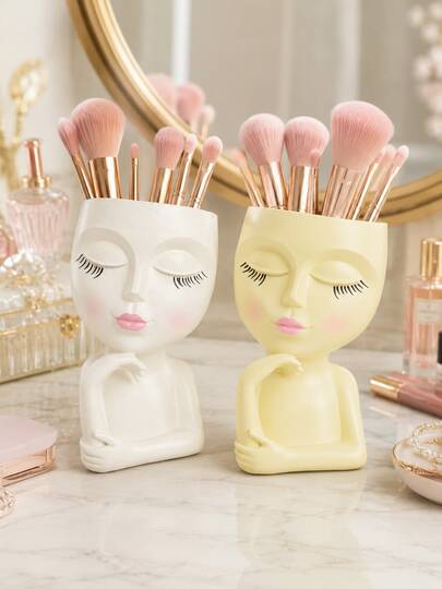 Soporte para brochas de maquillaje con cara linda, caja de almacenamiento de cosméticos de resina, decoración de tocador, soporte para bolígrafos de escritorio, organizador de encimera de baño, accesorios de tocador, estante para herramientas de belleza, regalo para amantes del maquillaje, decoración de estantería de dormitorio, decoración del hogar
