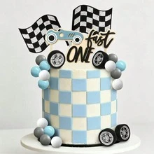16pcs Racing Flag Cake Decoration Set, Includes Motorcycle Helmet, Steering Wheel, Racing Theme Boy 1st Birthday Party Decor - Racing - View 9