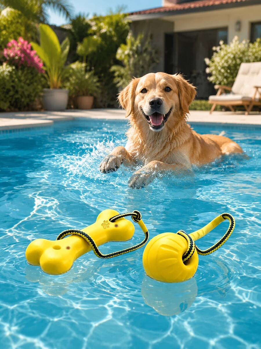 1pc Large Durable EVA Floating Dog Training Ball, Minimalist Practical Style, Solid Color Options, Bone-Shaped Floating Dog Toy, Round Ball With Pull Ring, Comes With Leash For Easy Control - Multicolor - View 1