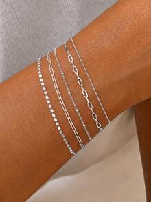 5pcs Set Elegant Adjustable Silver Bracelets For Women, Minimalist Jewelry (Bead Quantity On Chain Is Random, But Length Is Fixed) - Silver 5-piece Set - View 1