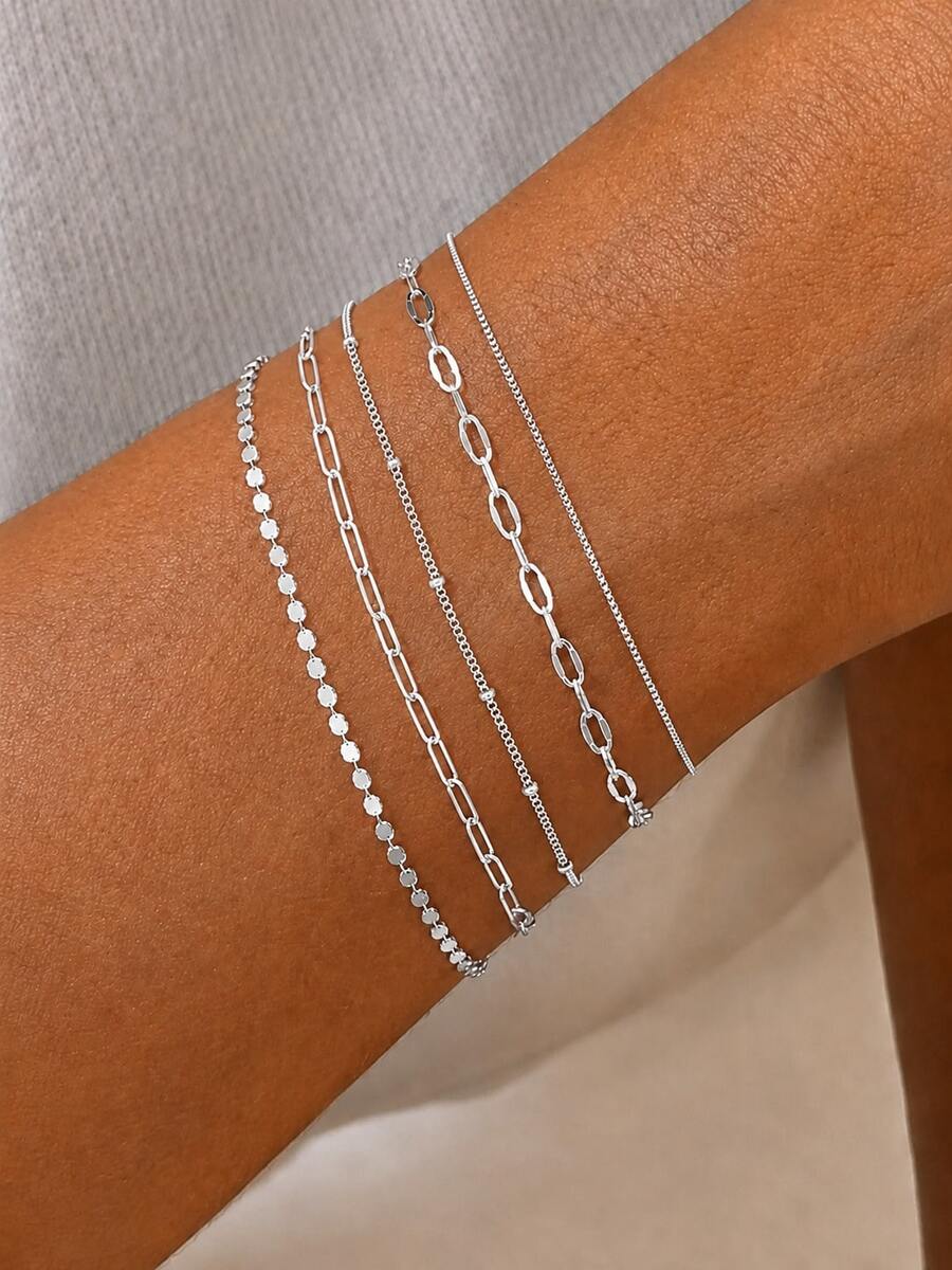 5pcs Set Elegant Adjustable Silver Bracelets For Women, Minimalist Jewelry (Bead Quantity On Chain Is Random, But Length Is Fixed) - Silver 5-piece Set - View 1