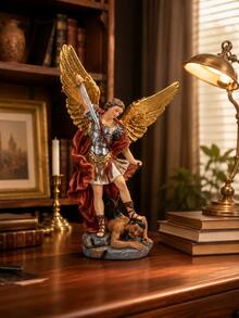 St. Michael Decorative Statue, Hand-Painted Guardian Angel Sculpture With Sword, Golden Wings And Red Cloak, Christian Religious Home Decor, Suitable For Living Room, Bookshelf, Entryway, Prayer Corner, Housewarming Gift - 1PC - View 3