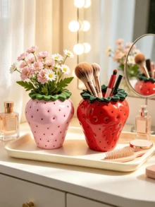 1pc Strawberry Shaped Multifunctional Desktop Storage Box, Cute Multi-Scene Storage Cup, Makeup Brush Holder, Pen Holder And Mini Vase, Suitable For Vanity, Bedroom, Office Desk, Japanese Cute Style Desktop Decor, Home Decoration Girl Gift - Multicolor - View 3