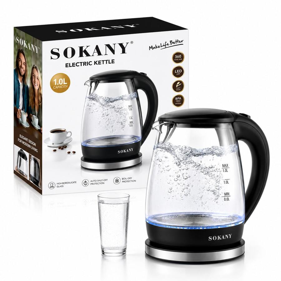 Tetera Cafetera Eléctrica Sokany de Vidrio de 1L, Jarra de Cristal con Base Eléctrica, Hervidor de Agua Rápido y Elegante, Ideal para Té, Café e Infusiones - Tipo de Enchufe A Japonés (100V) - Ver 1
