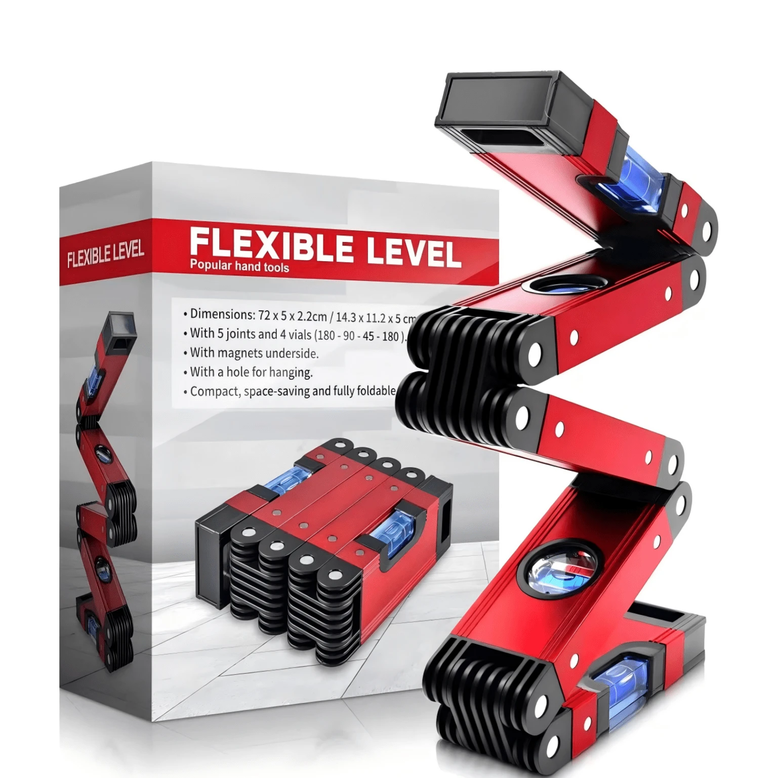 5-Section Folding Level Ruler, 720mm Total Length, Flexible Bending, Easily Adapts To Stairs, Corners, Irregular Curved Surfaces And Other Scenarios Where Ordinary Level Rulers Are Difficult To Measure. Equipped With 4 Sets Of Leveling Bubbles, Supports 45°, 90°, 180° Multi-Angle Precise Detection, High-Precision Reading Of ±0.5mm/M. The Ruler Body Is Made Of Aluminum Alloy Material, Durable And Shock-Resistant, With Built-In Strong Magnetic Suction