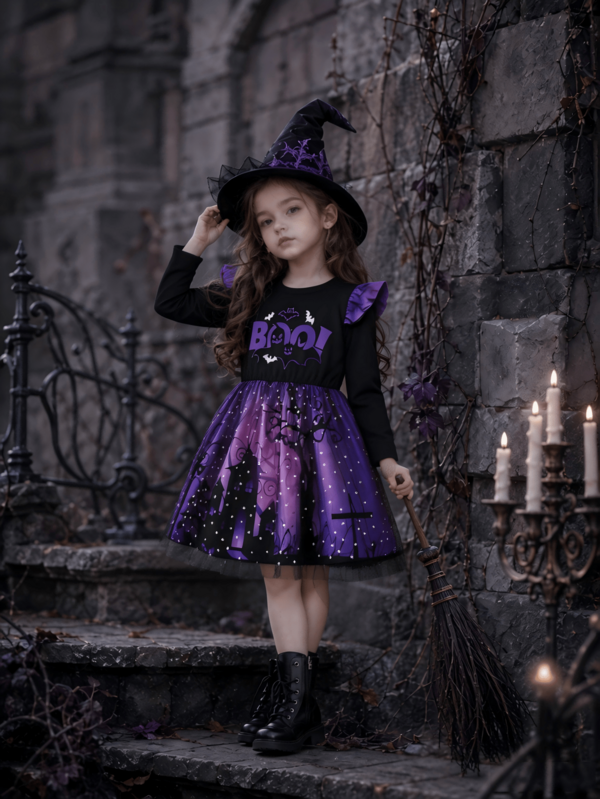 Halloween Young Girl Autumn/Winter Purple Bat Castle Pumpkin Skeleton Ghost Face Print Mesh Star Long Sleeve Dress, Fashion Holiday Party Gift Princess Dress