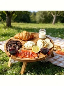 1pc Multi-Functional Round Solid Wood Folding Tray, Perfect For Outdoor Activities, Picnic, Camping, Beach BBQ And Party - Includes Snack Table, Lightweight And Portable, Ideal For Holiday Christmas Party Outdoor - Multicolor - View 2