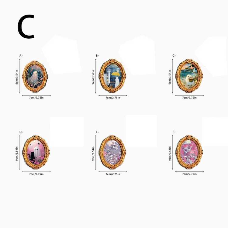 6件組萬聖節木製冰箱磁鐵，復古金色浮雕相框，3款可選，幽靈肖像，廚房氛圍裝飾貼紙，2D平面 - 彩色 - 查看 7