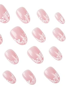 24Pcs Short Oval Press On Nails Set, 3D Embossed White French Flower Pattern Fake Nails, Fresh Minimalist Pastoral Style Nails With Pearlescent Effect, Add Elegance And Softness To Your Look, Perfect For Summer Daily Wear - 白色 - 查看 2
